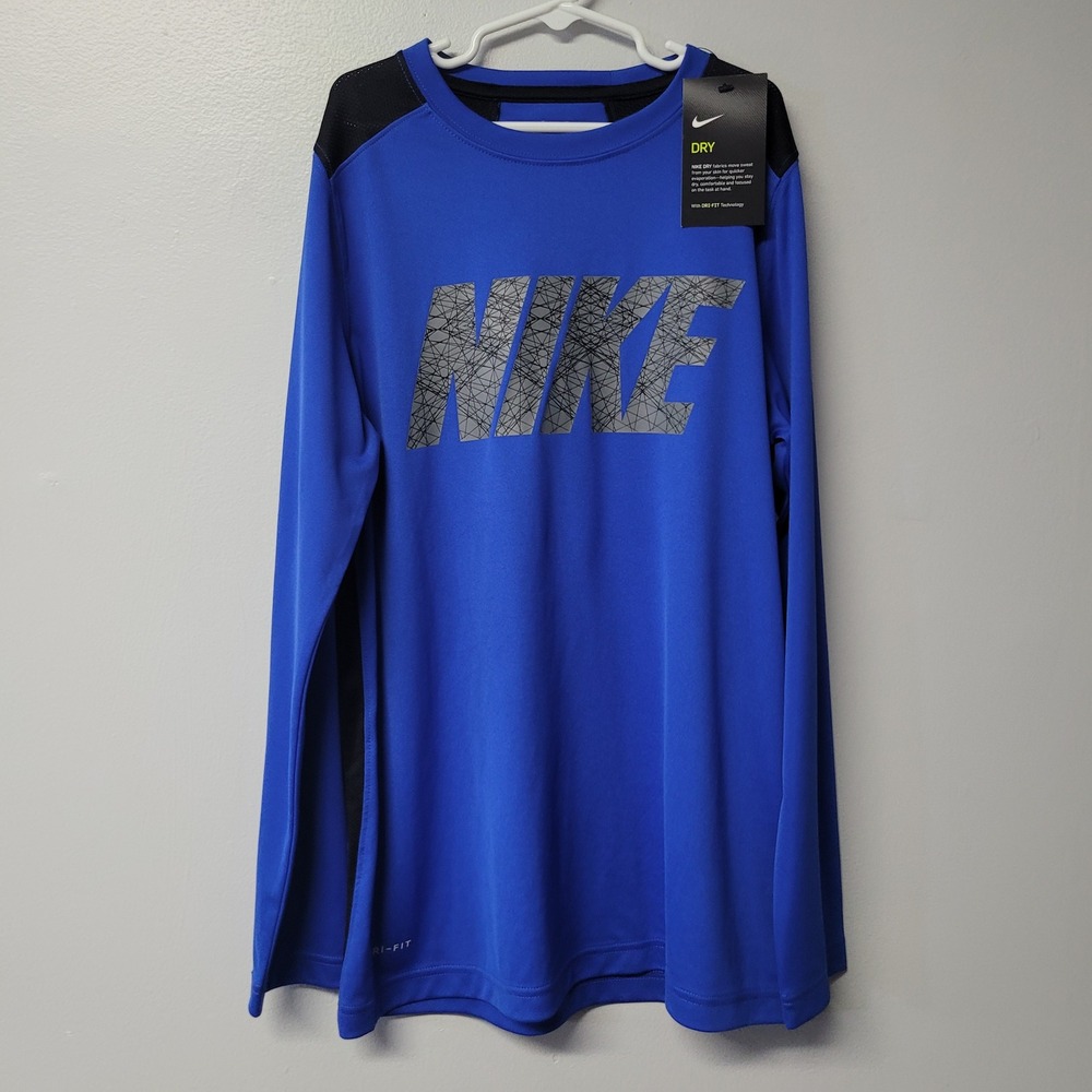 Nike Boys Dri-FIT Training Long Sleeve Shirt Blue‎ Black 888134-480 Sz Large NWT